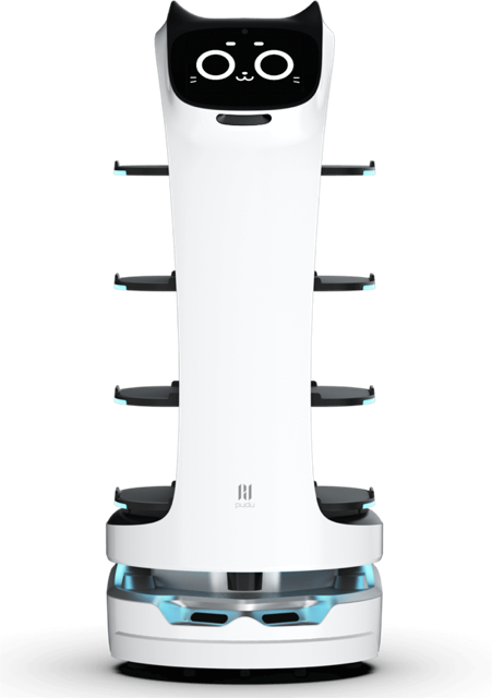 Robot phục vụ Pudu BellaBot màu trắng với 4 khay và màn hình mặt mèo